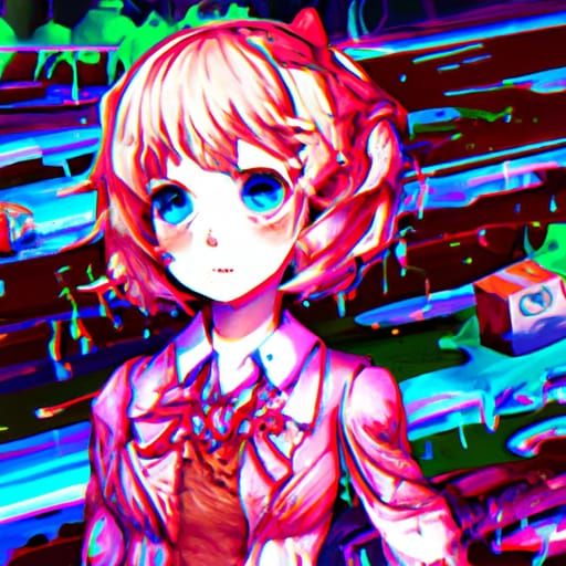 Cute Sayori in Glitchcore Style