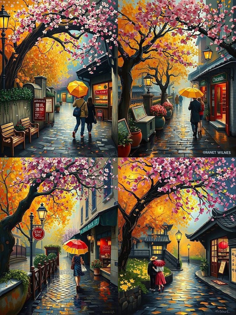 Romantic Rainy Street Scene with Cherry Blossoms and Autumn ...