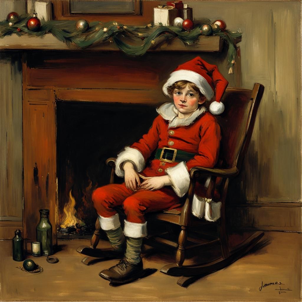 Festive Elf on Fireplace Mantle as Oil Painting