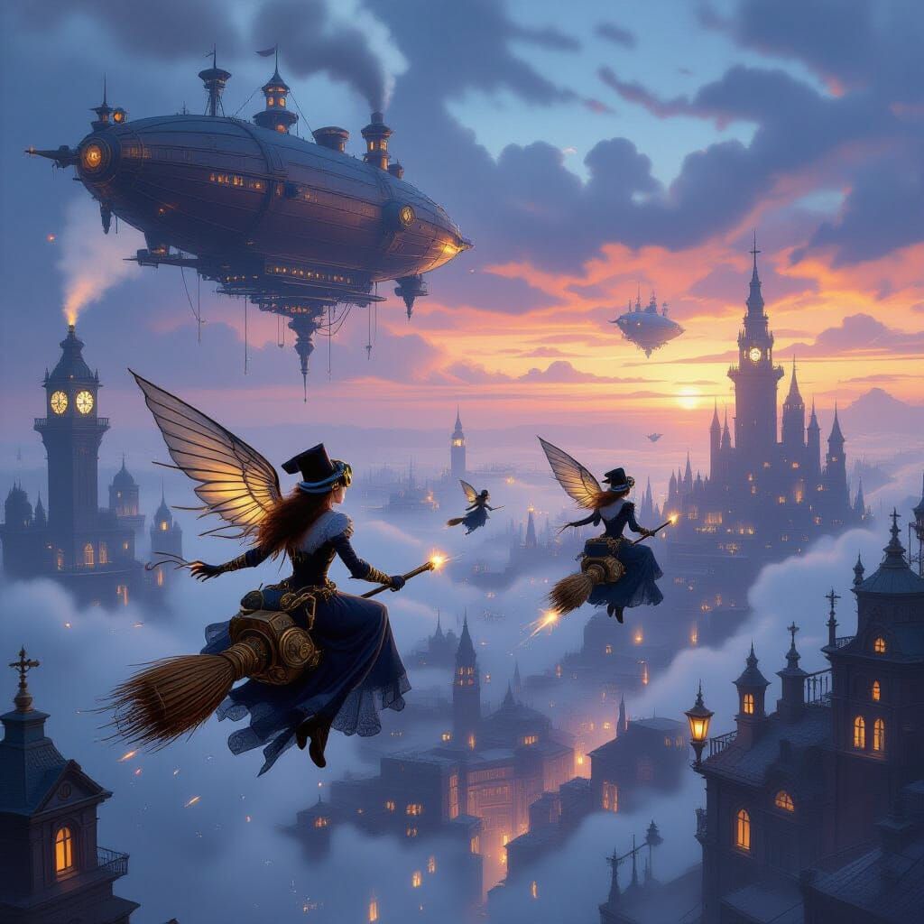 Steampunk Witches on Crystal Broomsticks Over City