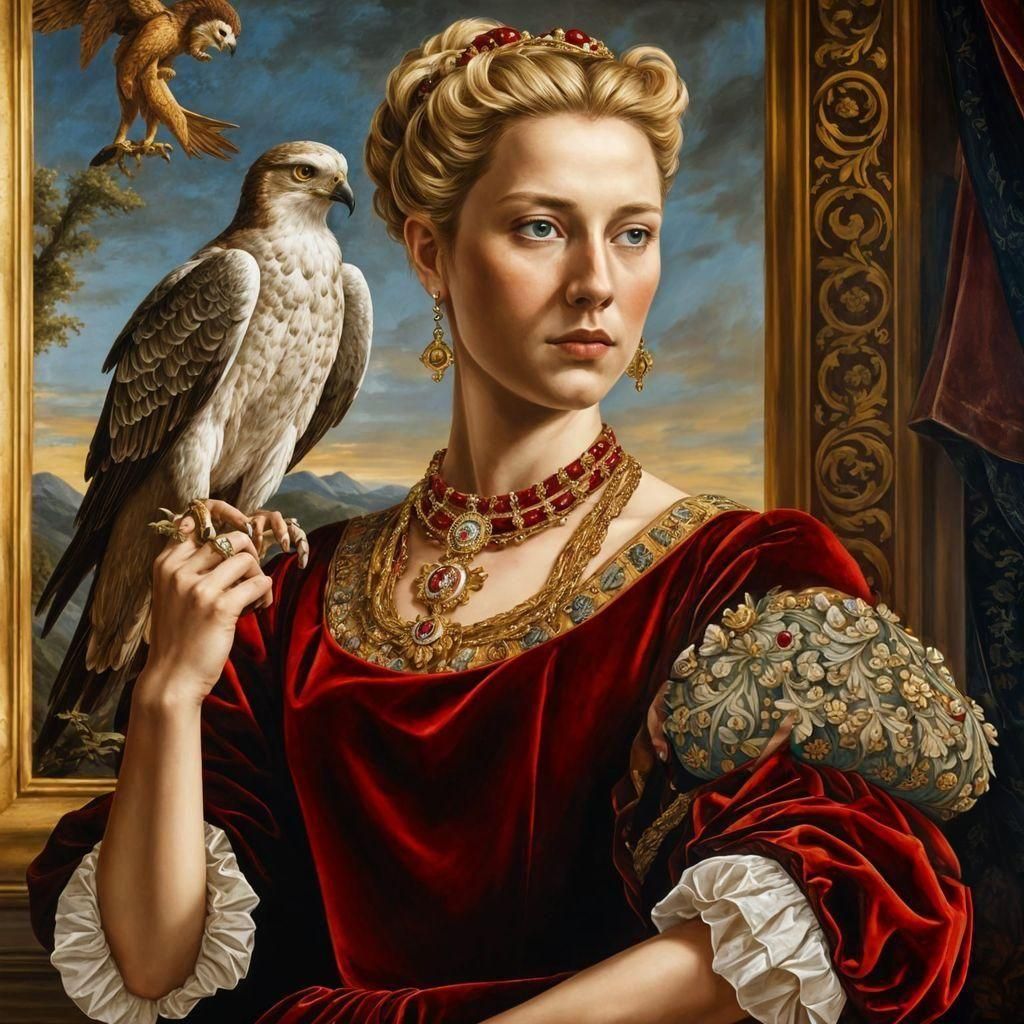 Renaissance Noblewoman Poses with Elegant Falcon