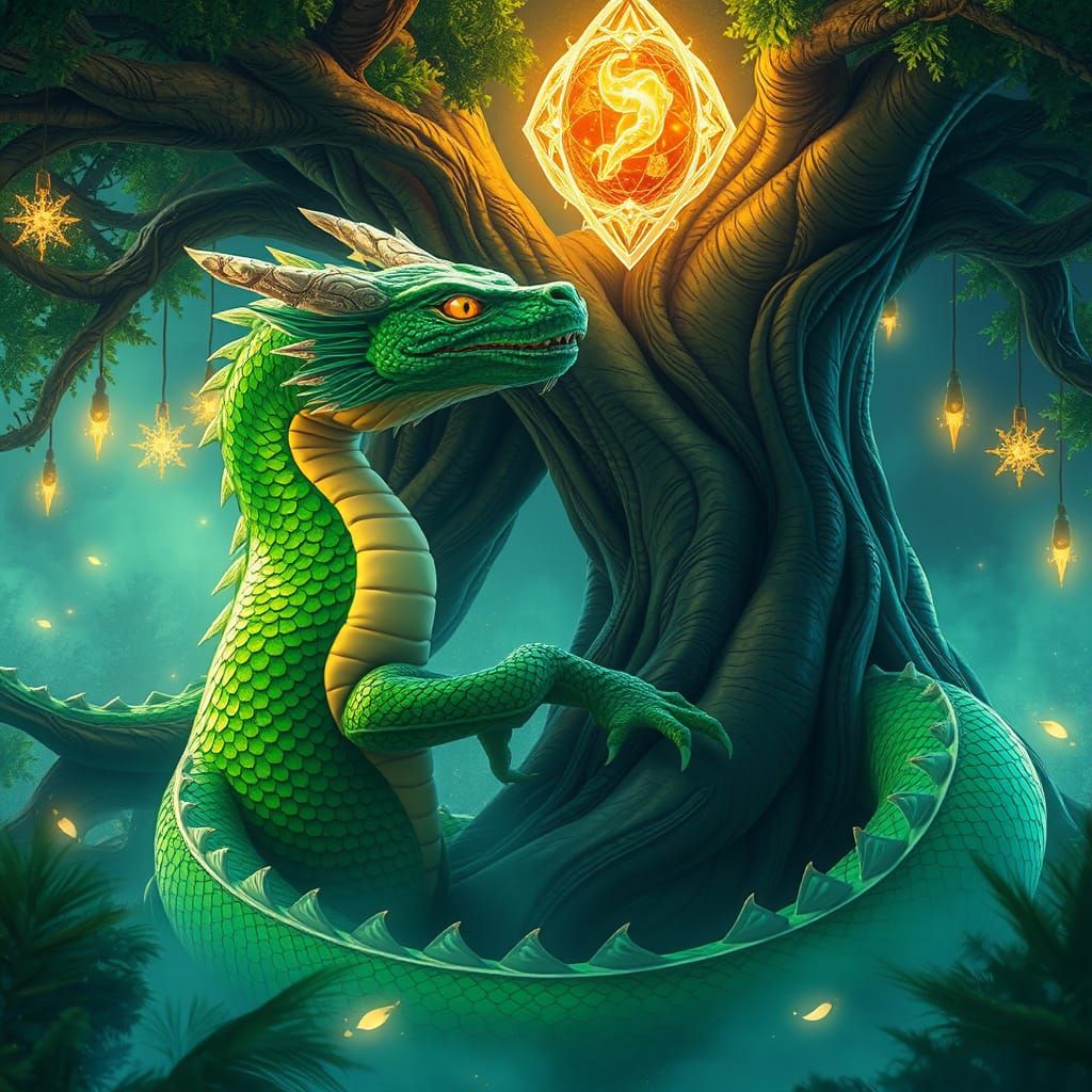 Whimsical Green Dragon Amidst Lush Fantasy Landscape