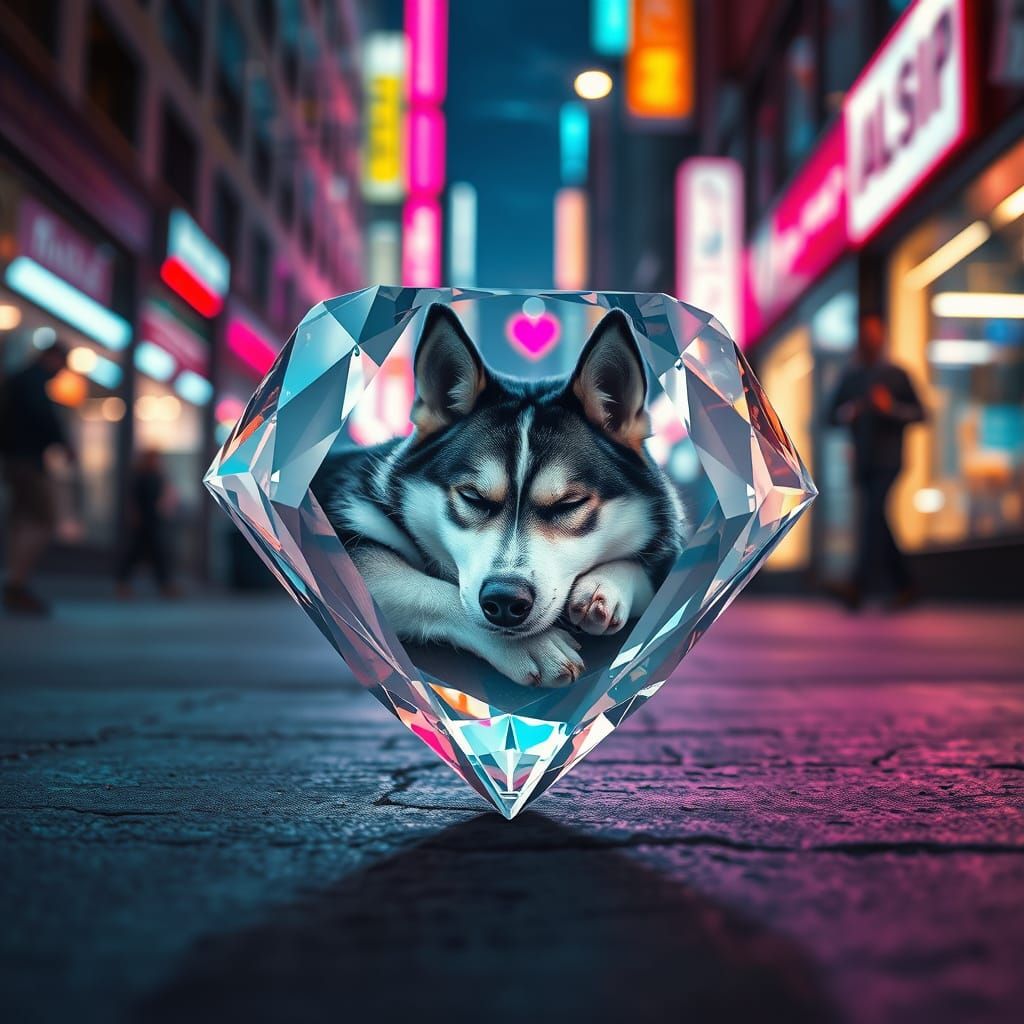 Diamond Dreams: Siberian Husky in Double Exposure Cityscape