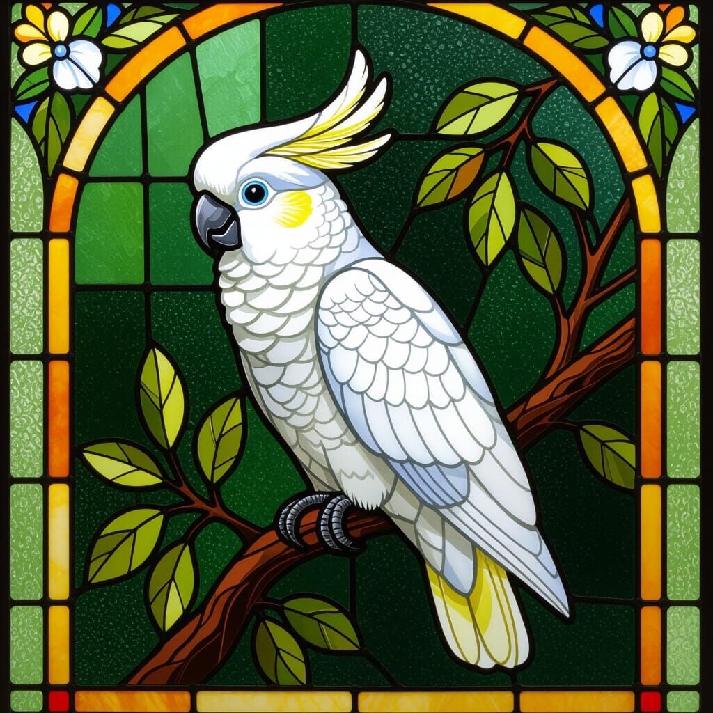 Sulphur-Crested Cockatoo in Tiffany Style Glass Window