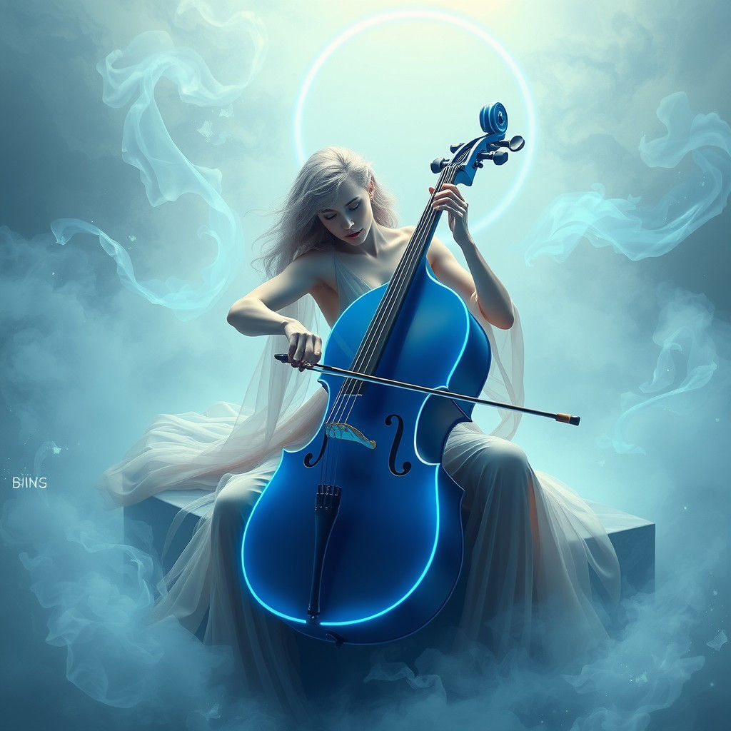 Ethereal Woman Playing Cello in Futuristic Style