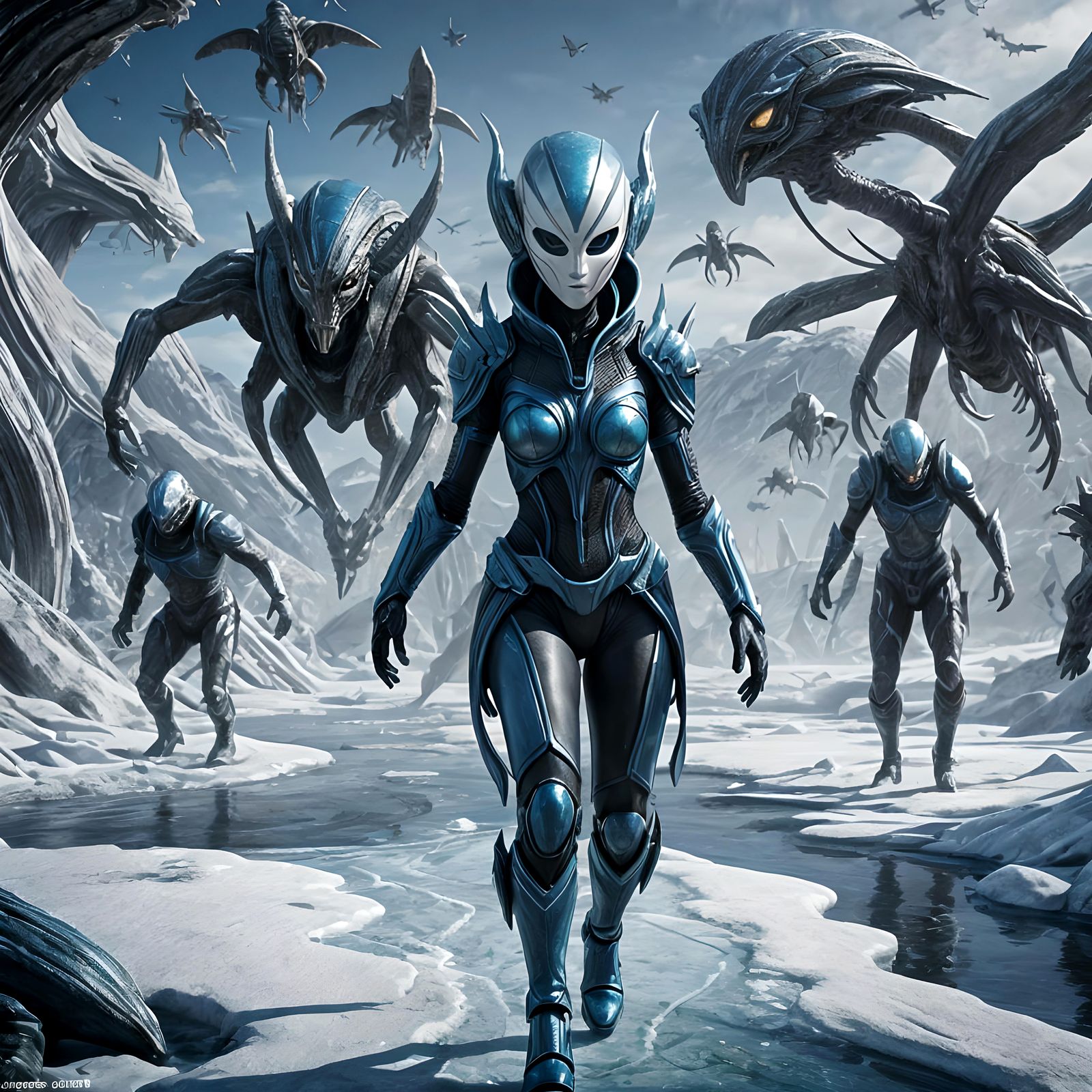 Futuristic Alien on Ice Path in Detailed Matte Painting