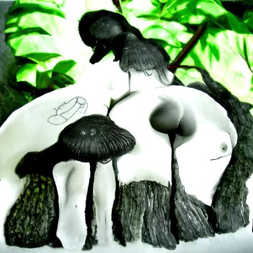 Lush Forest: Mushrooms and Figures in Charcoal