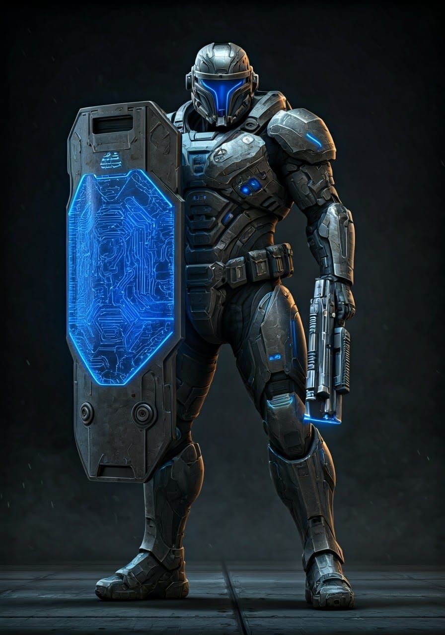 Cyberpunk Warrior with High-Tech Energy Shield