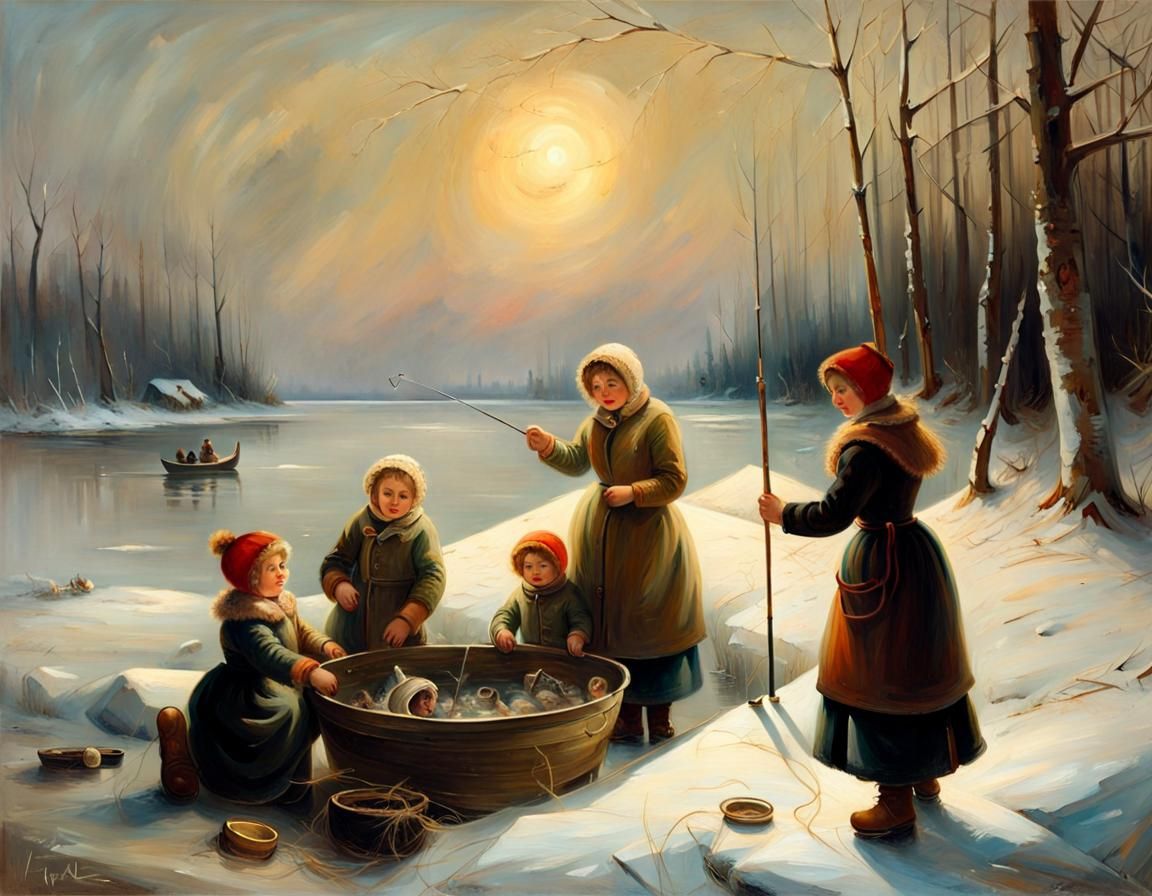 Happy Family Ice Fishing in Realist Style