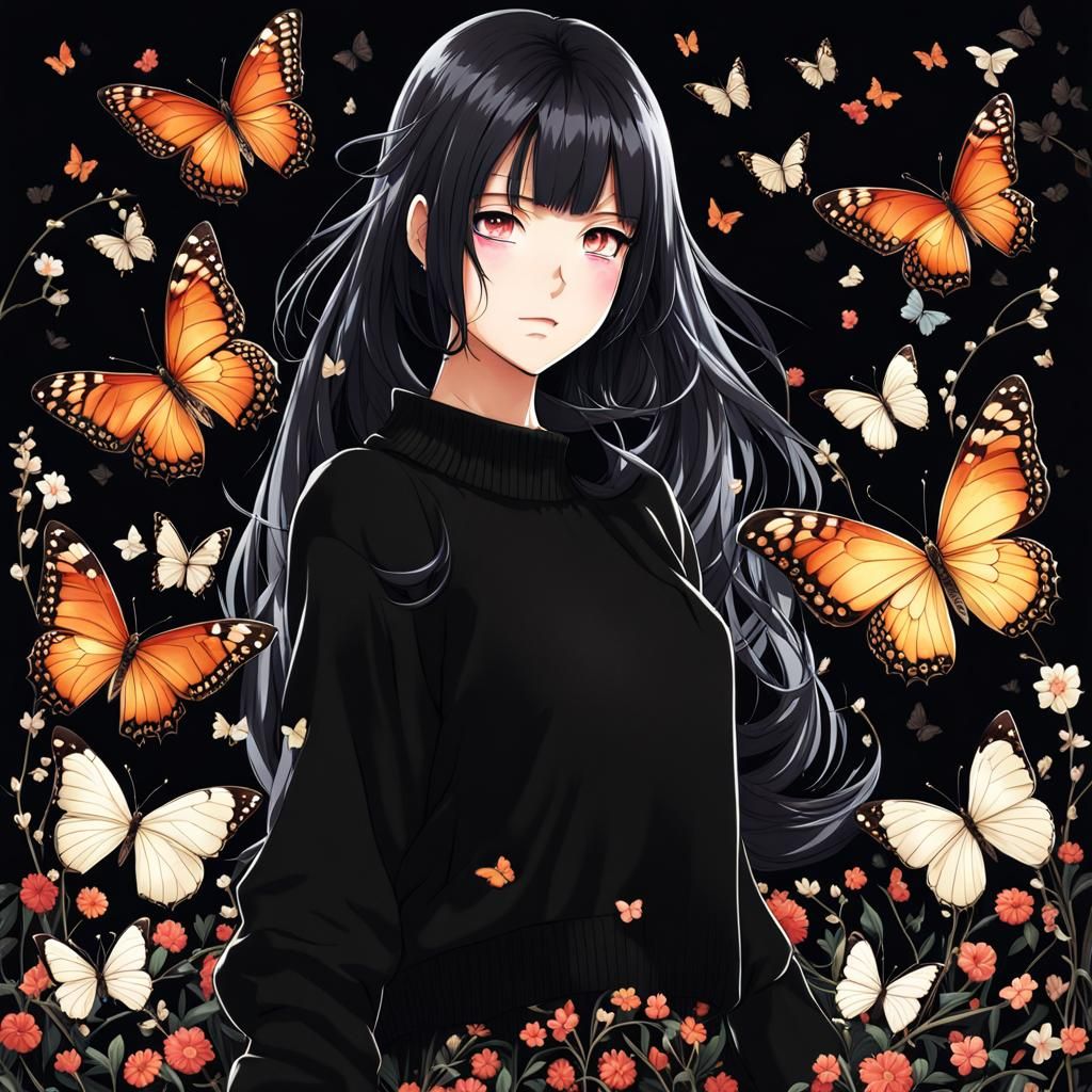 Anime Style Woman with Butterfly Sweater