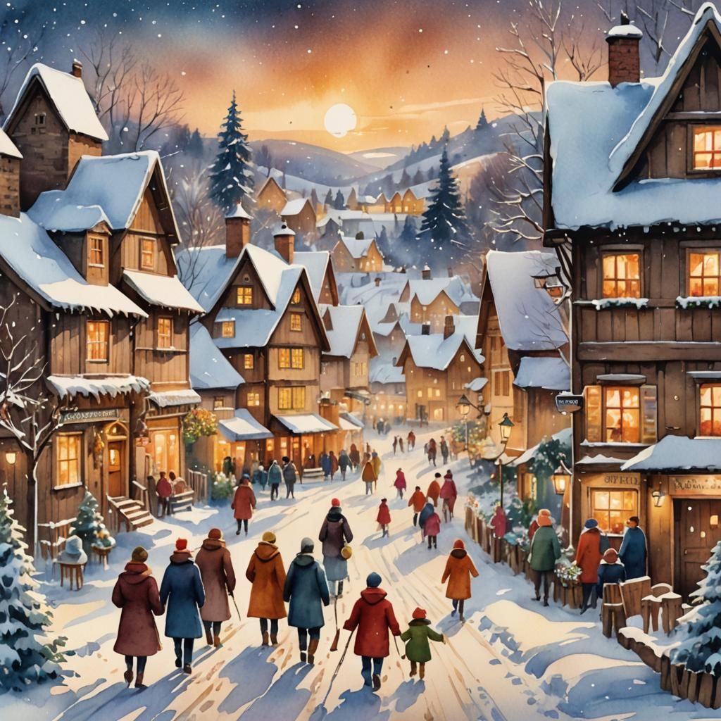 Cozy Winter Village in Watercolor Style