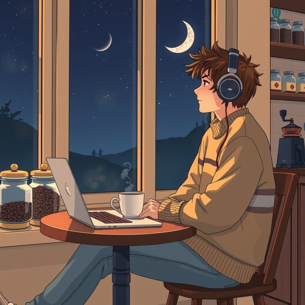 Cozy Nighttime Study Session in a Vintage Coffee Shop