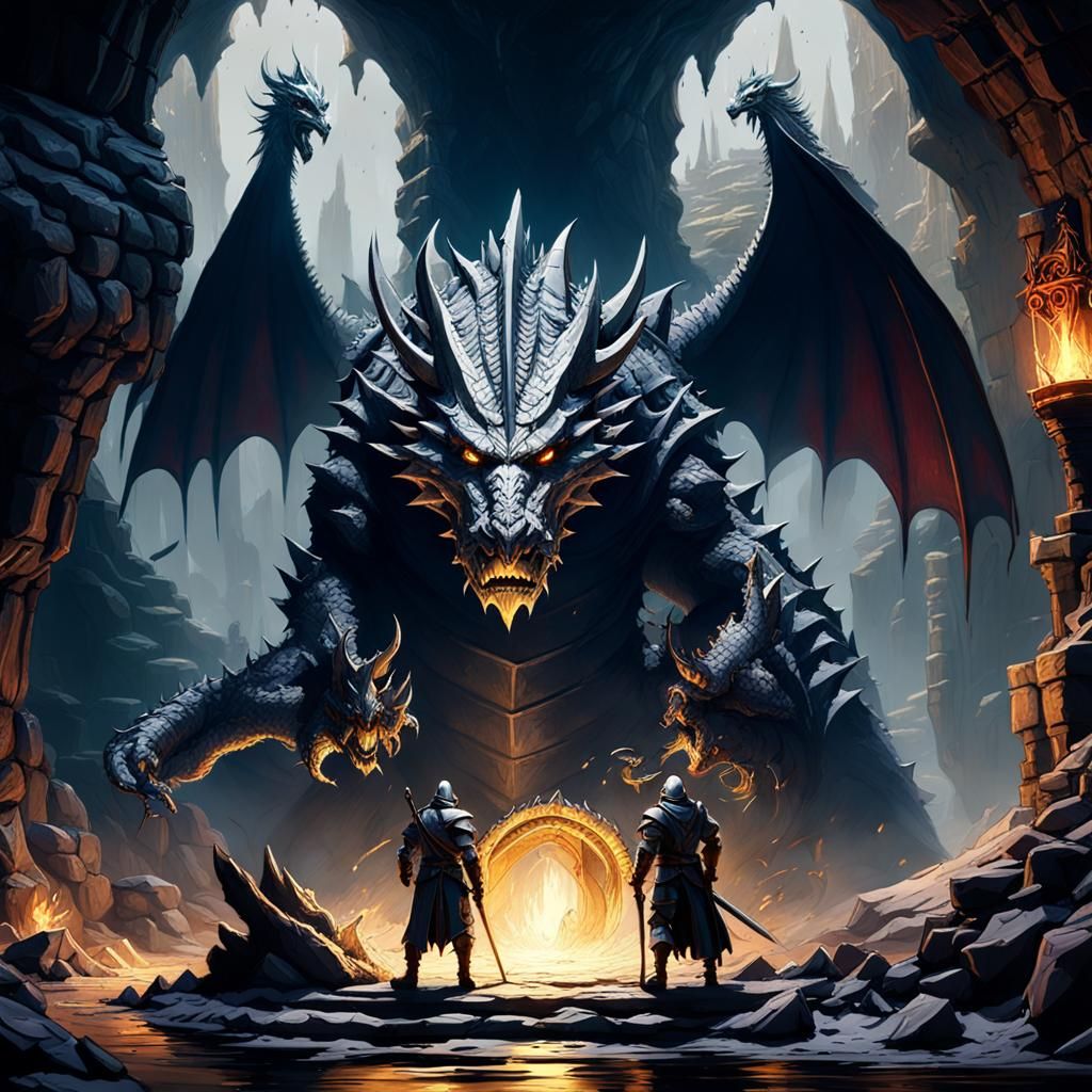 Knight and Mage at Dragon's Lair: Dark Fantasy Art