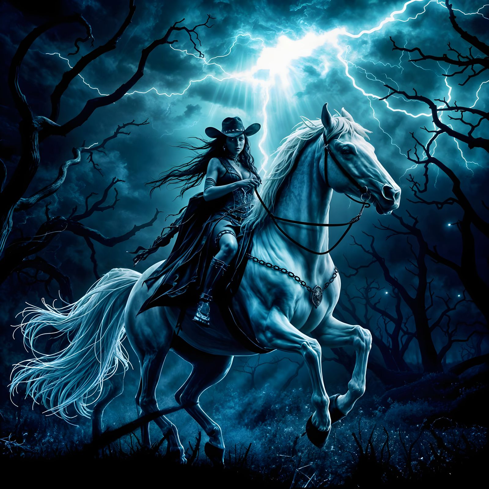 Gothic Cowgirl Rides Through Stormy Night Sky