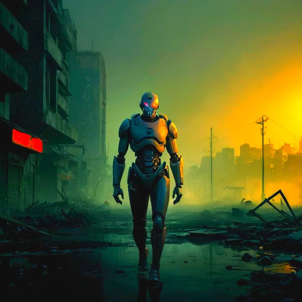 Lonely Robot in Abandoned Post-Apocalyptic City