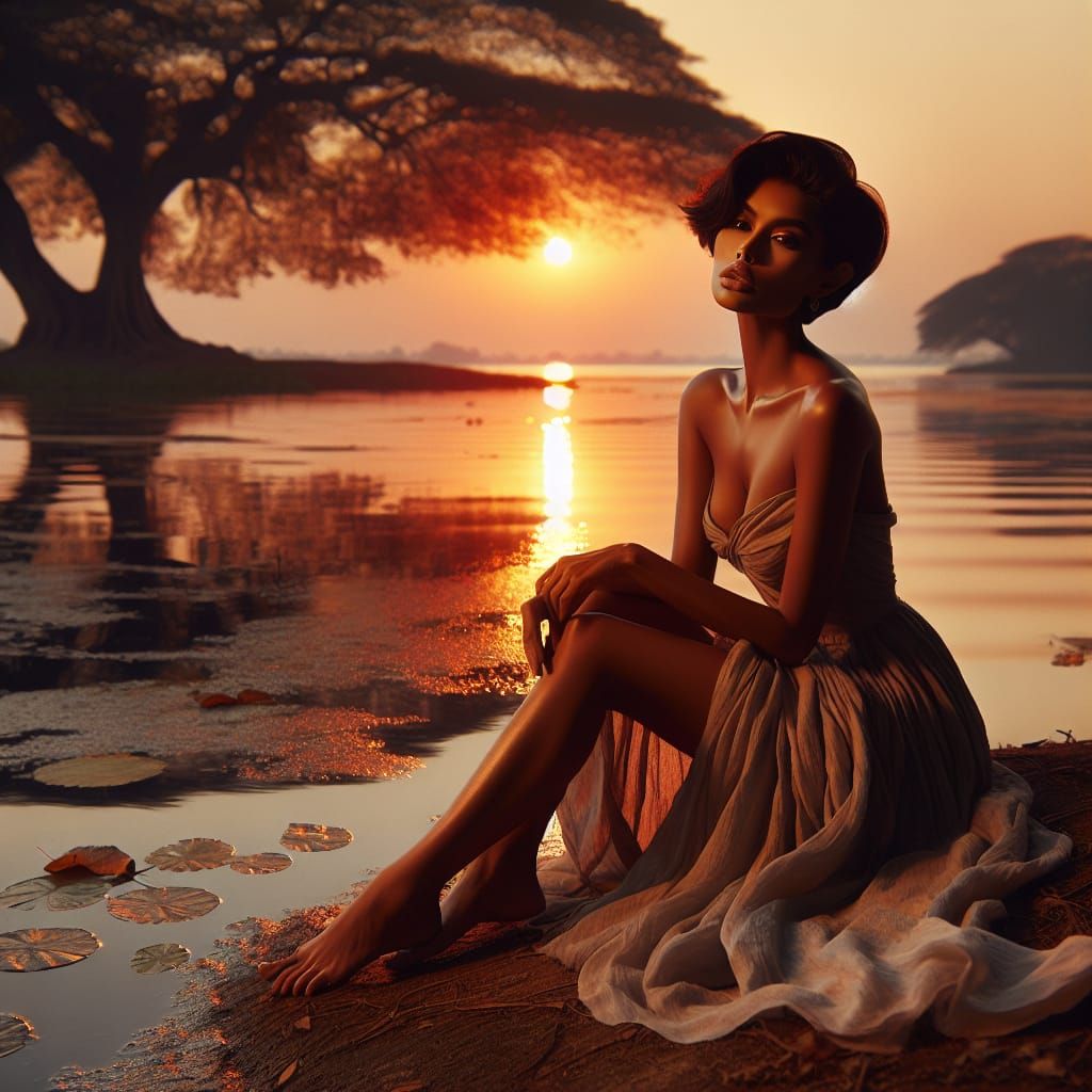 Sunset Lakeside Contemplation of South Asian Woman