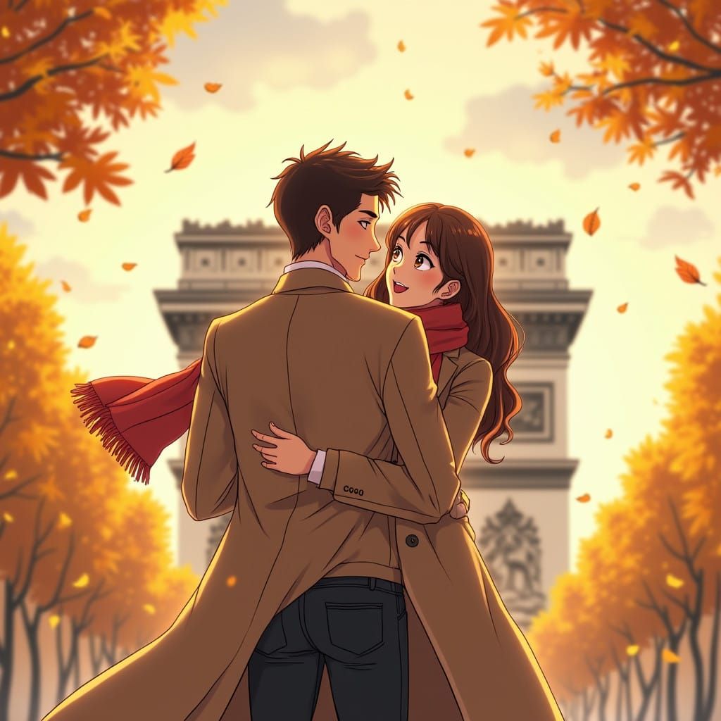 Romantic Autumn Moment near Arc de Triomphe in Vibrant Anime...