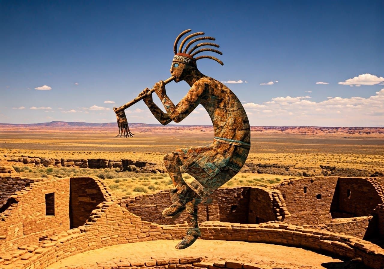 "Kokopelli Spirit Dancing Above Sacred Kiva"~Chaco Canyon, N...