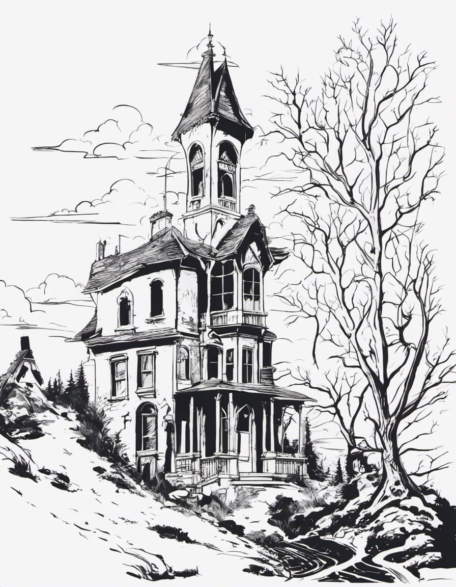 Gothic House on a Hill in Maxfield Parrish Style