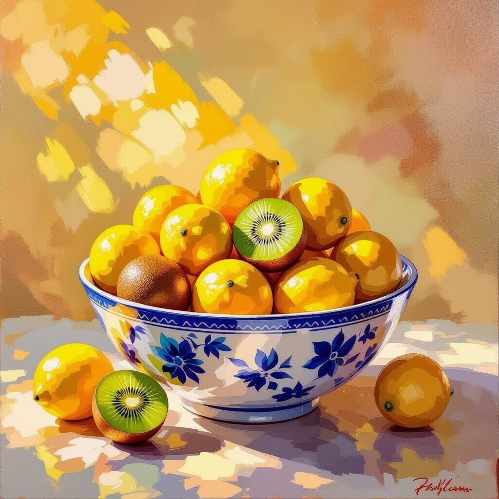 Dreamlike Still Life of Lemons and Kiwis in Golden Hour Ligh...