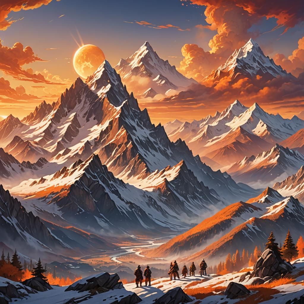 Majestic Snow Mountains Under a Blazing Sunset