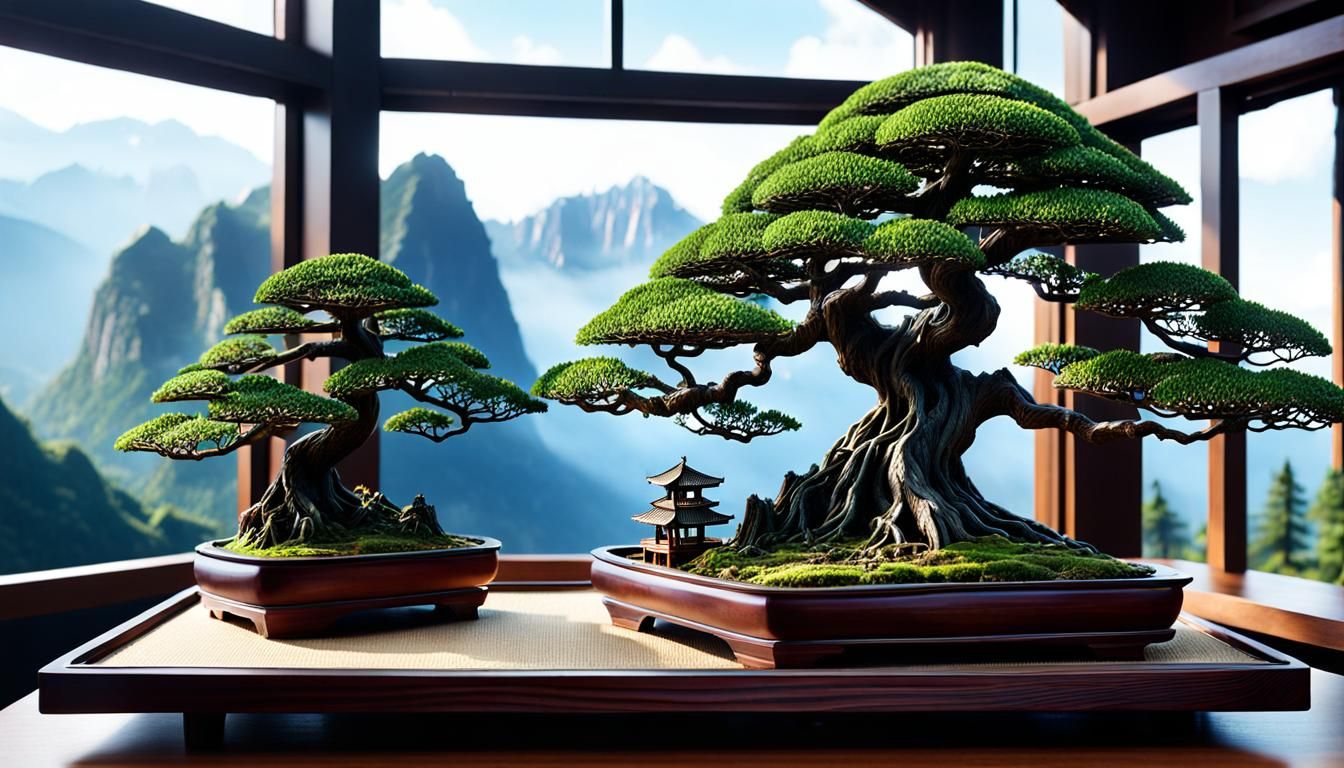 Hyperrealistic Bonsai Forest with Miniature Treehouse