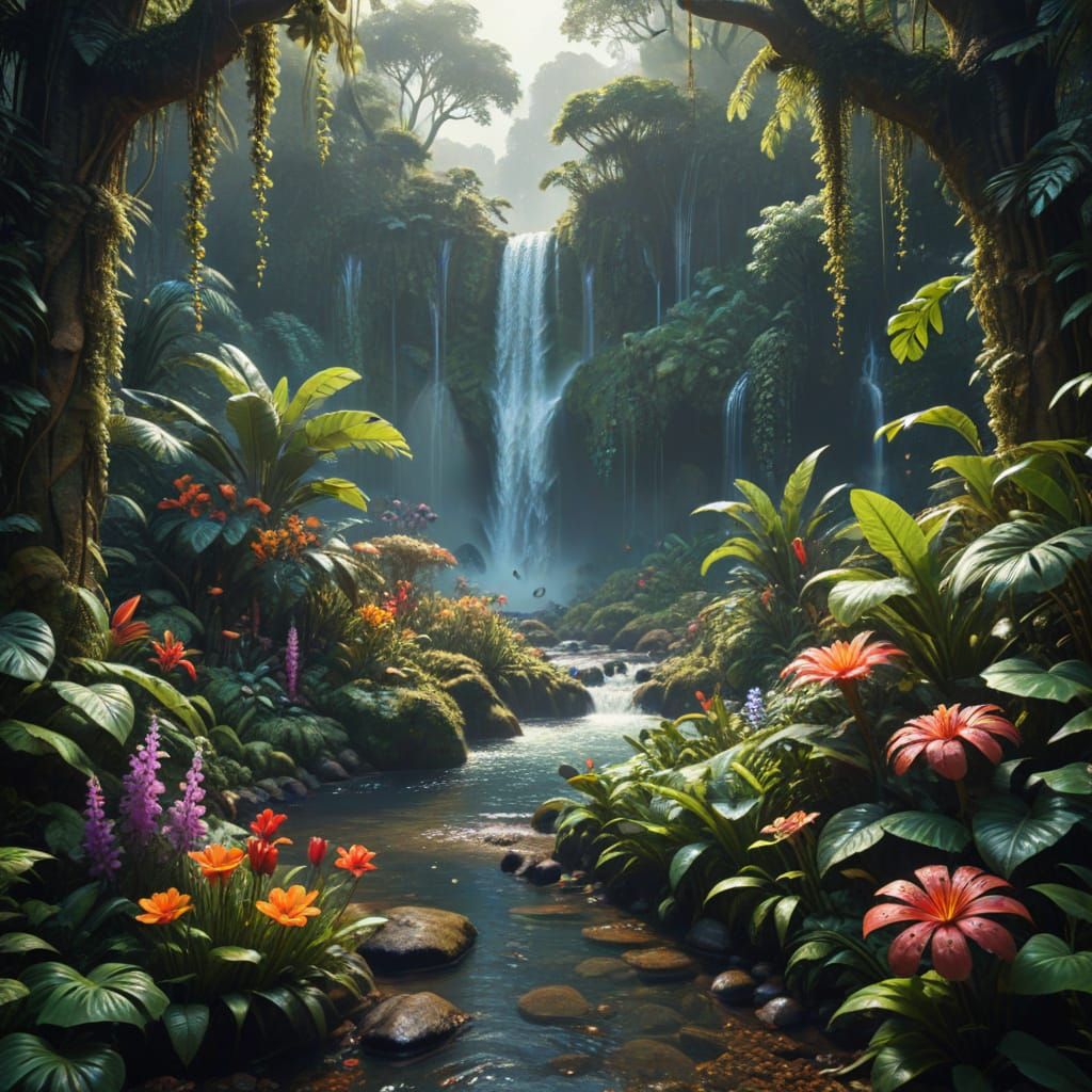 Majestic Rainforest Waterfall in Hyper-Realistic HDR Style