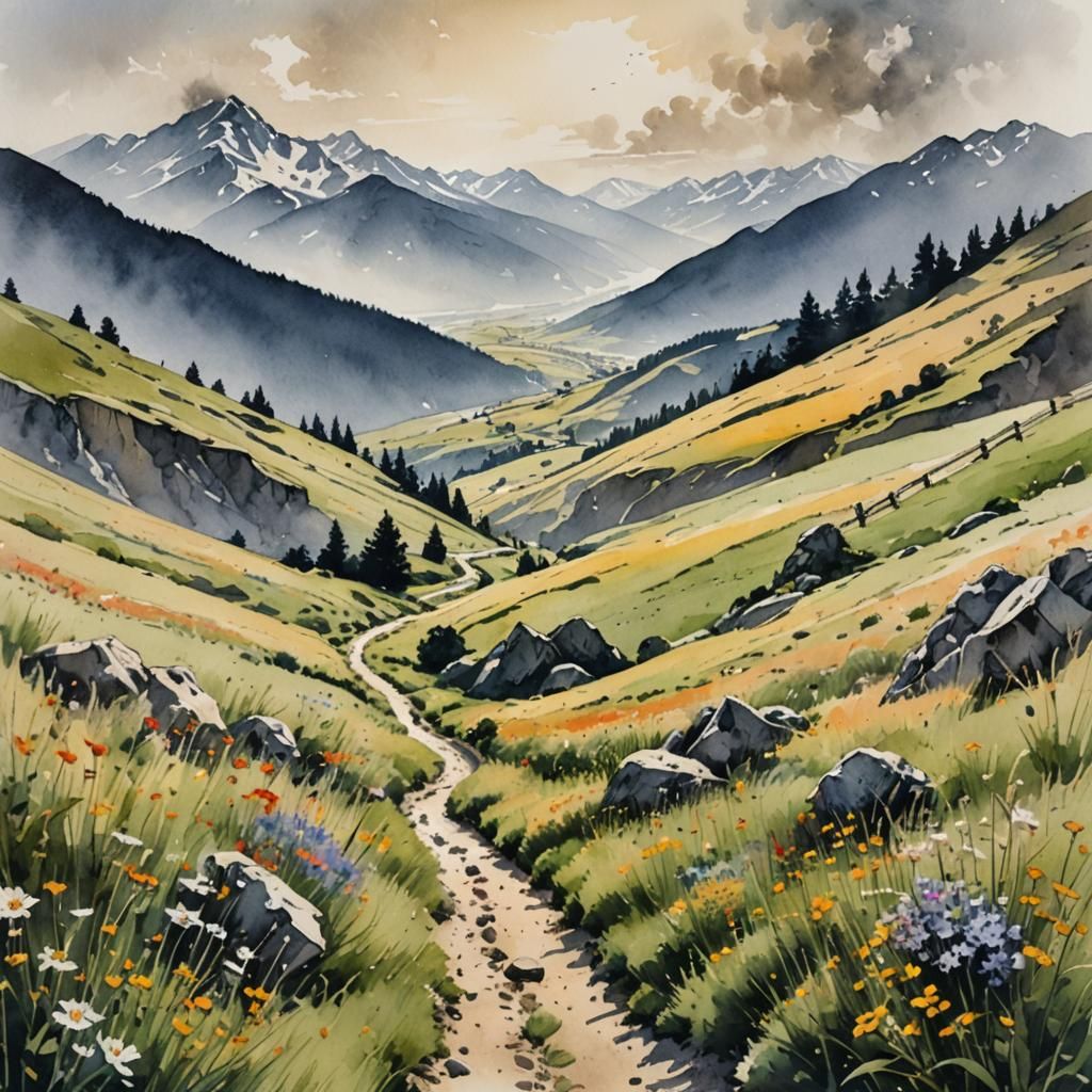 Alpine Meadow: Watercolor and Ink Mountain Path
