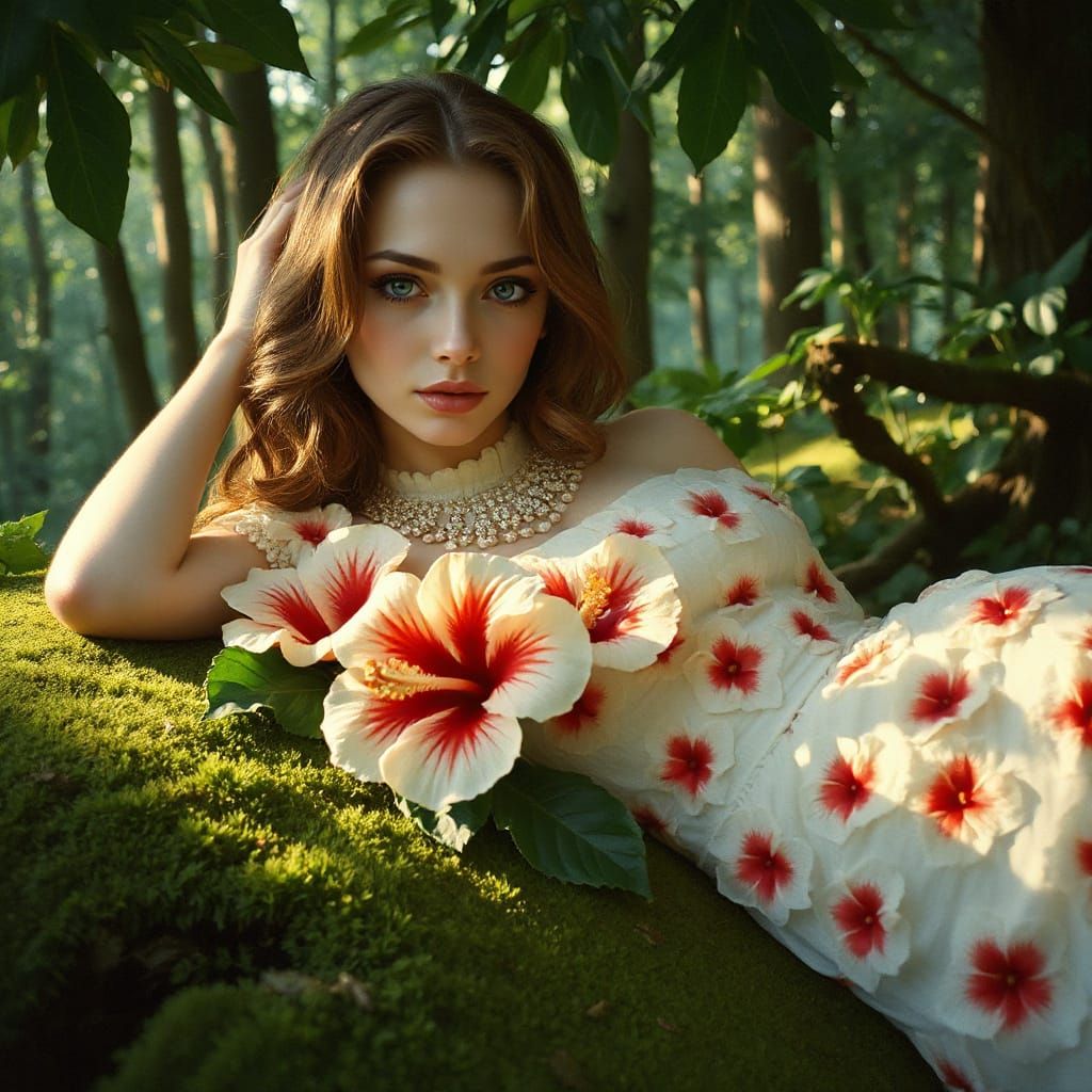 Woman in Hibiscus Gown in Art Nouveau Style