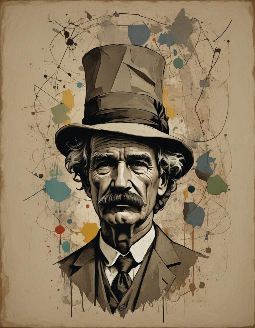 Mark Twain Caricature Adrift in Polychromatic Symbolism