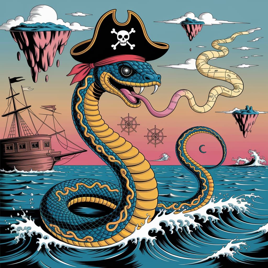 Surreal Pirate Snake Coiled on Dreamlike Ship