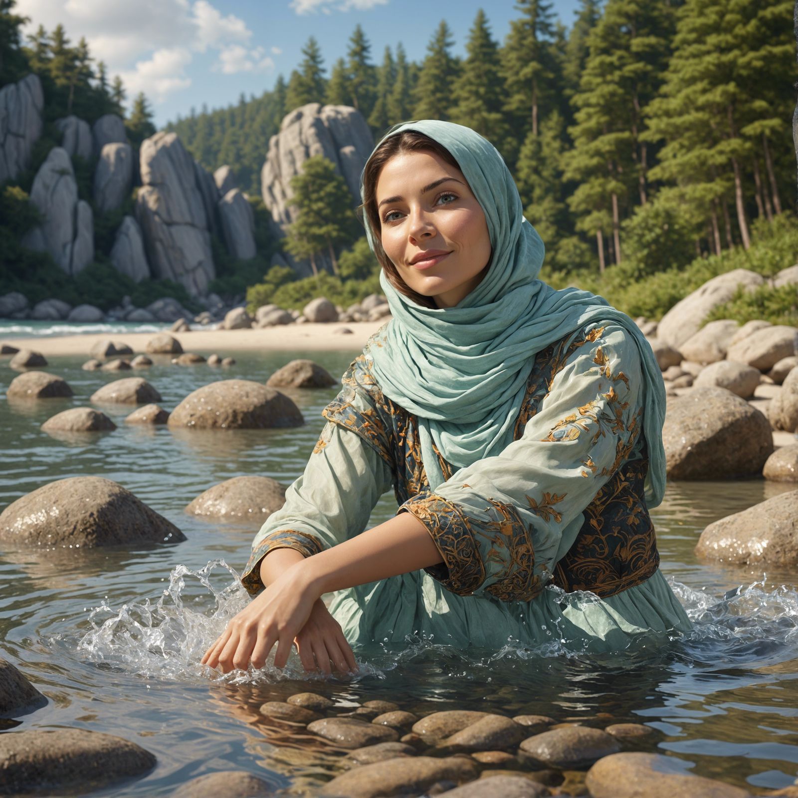 Middle-Eastern Woman Relaxing in Water as Oil Painting