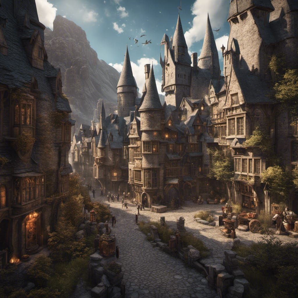 Fantastical Harry Potter Village in Detailed Matte Painting