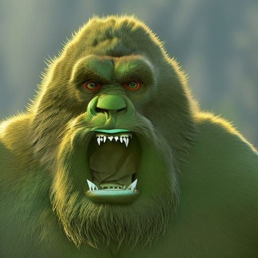 Surprised Sasquatch in Hyperrealistic Splash Art