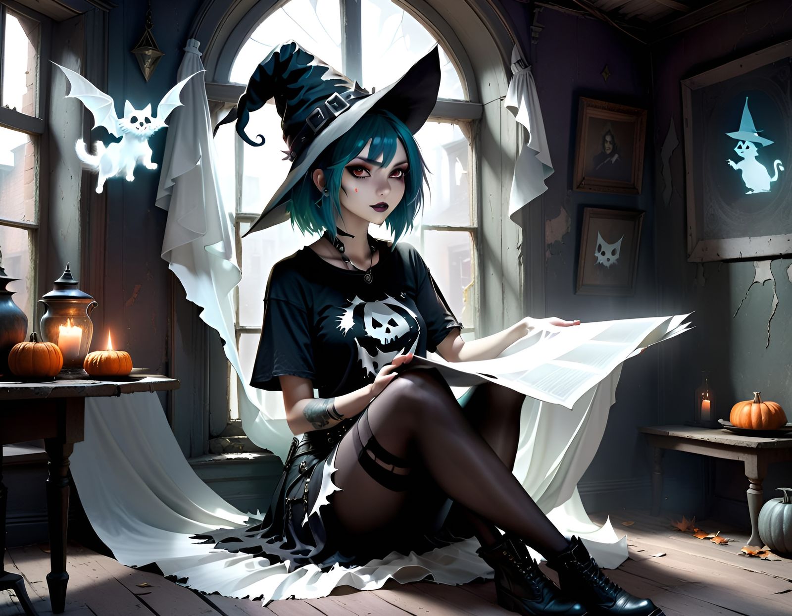 Punk Witch with Ghost Cat in Cyberpunk Style