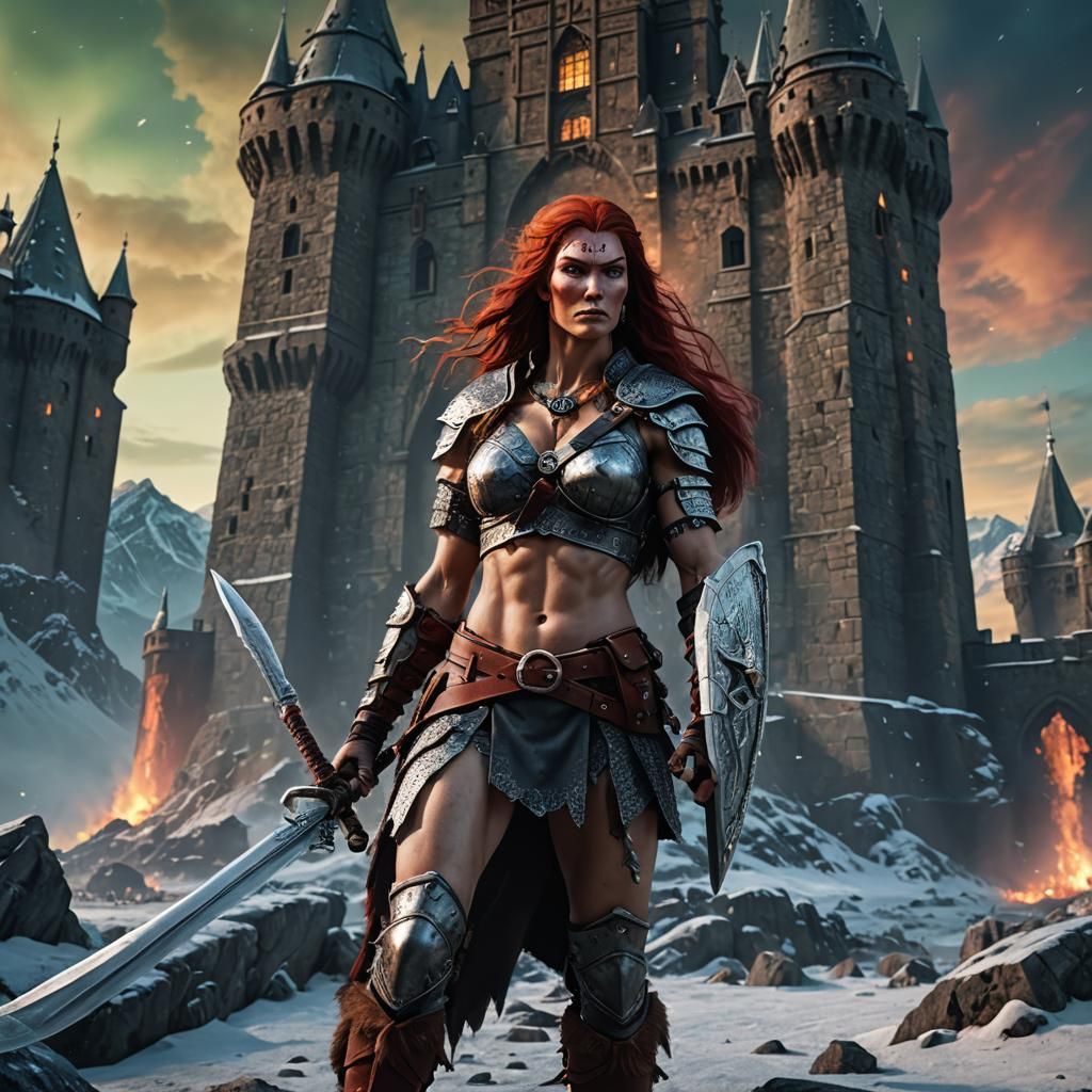 Red Sonja, Barbarian Warrior with Sword and Castle