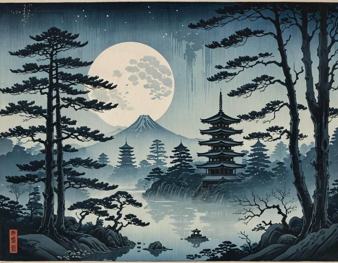 Ukiyo-e Ghostly Figure in Misty Forest