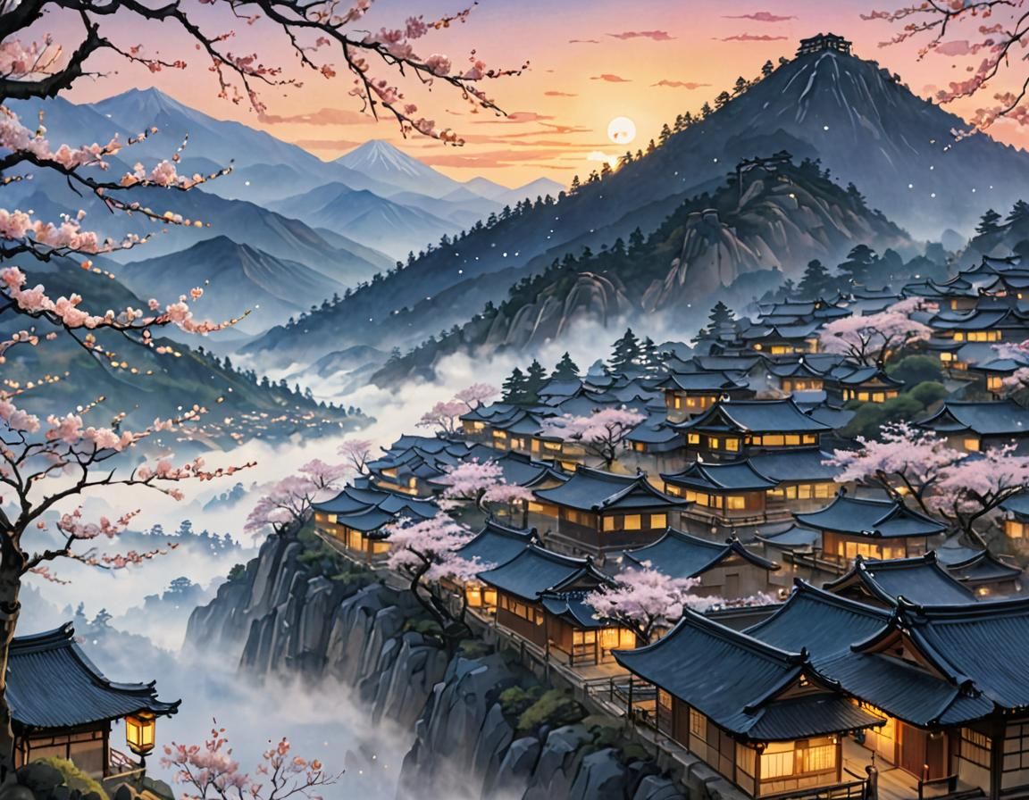 Misty Mountain Village Sunset in Ukiyo-e Style