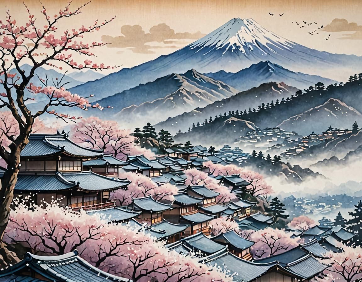 Snowy Village in Ukiyo-e Japanese Art Style