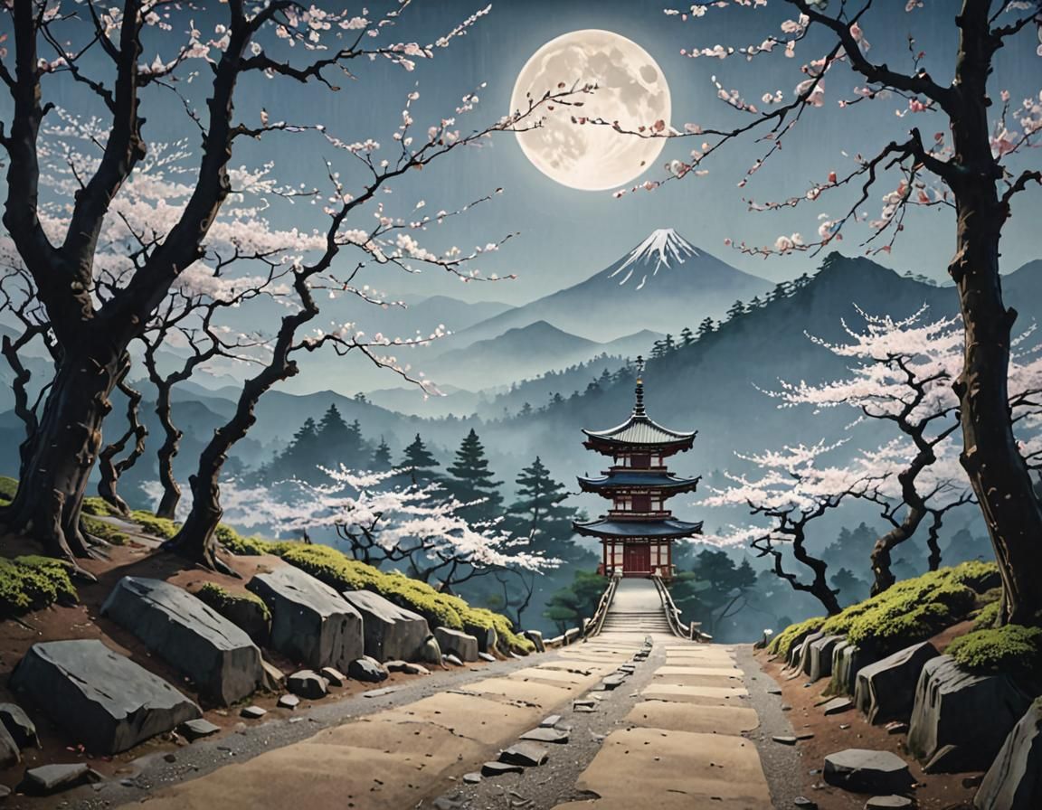 Mystical Forest Landscape in Ukiyo-e Style