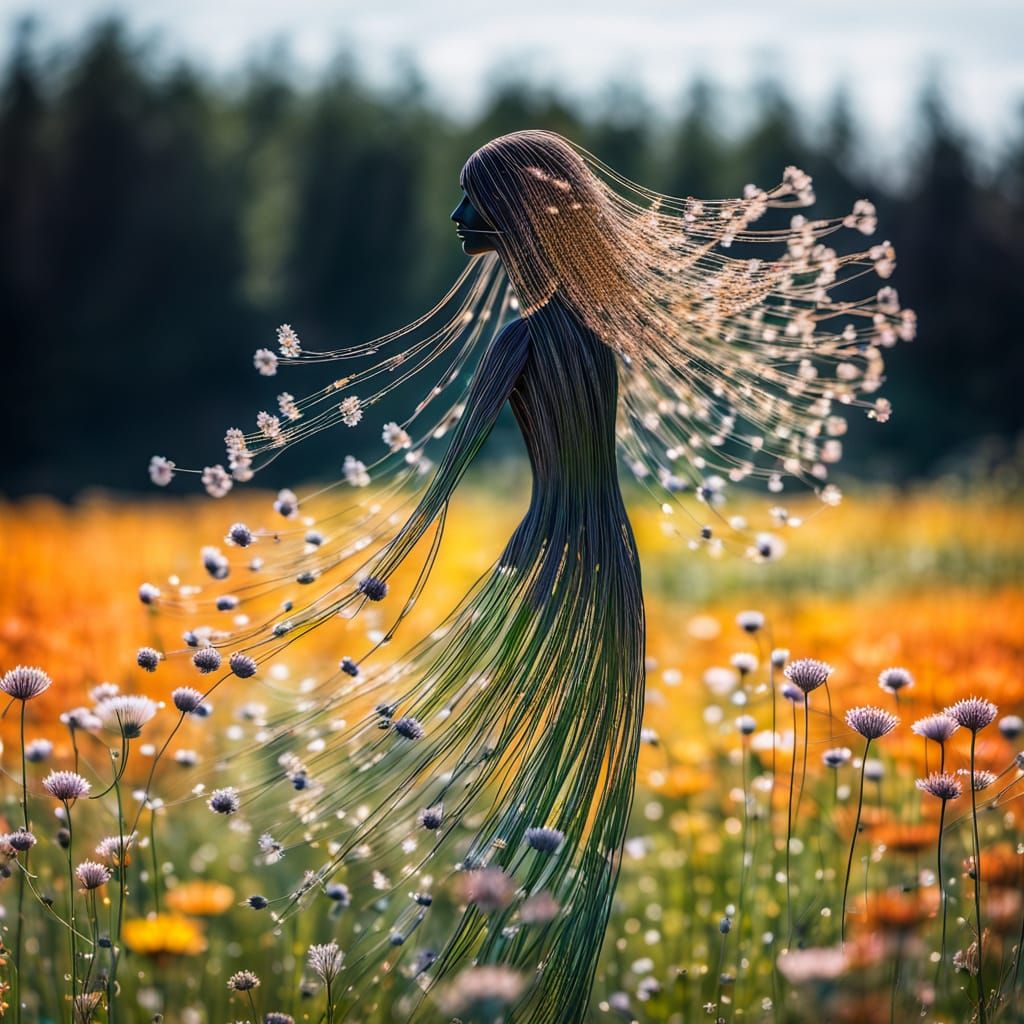 Iridescent Flower Strands Flowing in the Breeze as a Faceles...