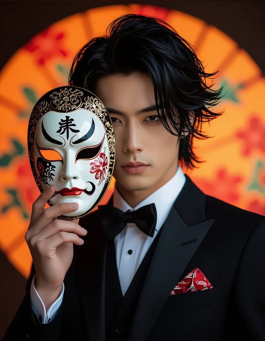 Edo Kabuki Masked Man in Hyperrealistic Style