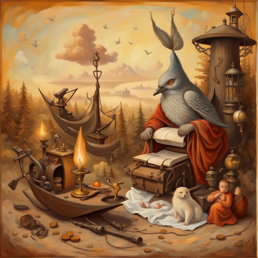 Surreal Scene with Sparrow, Madonna, and Monks in Oil Paint