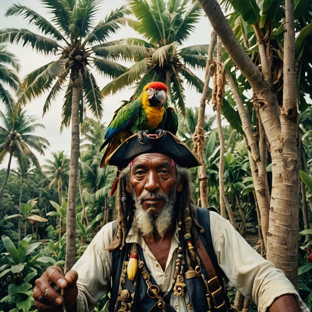 Pirate and Parrot Selfie in Caribbean Village