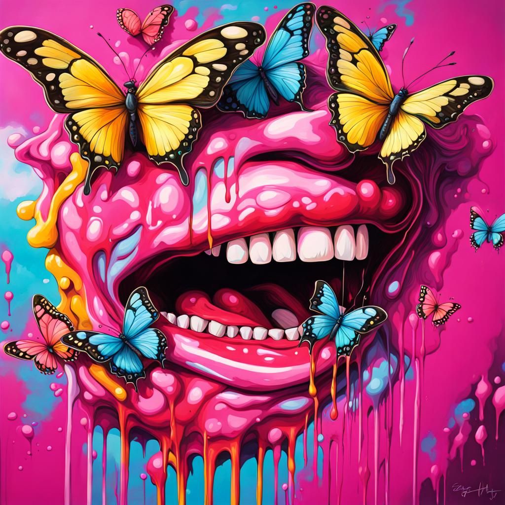Psychedelic Mouth Eating Custard Butterflies in Graffiti Art