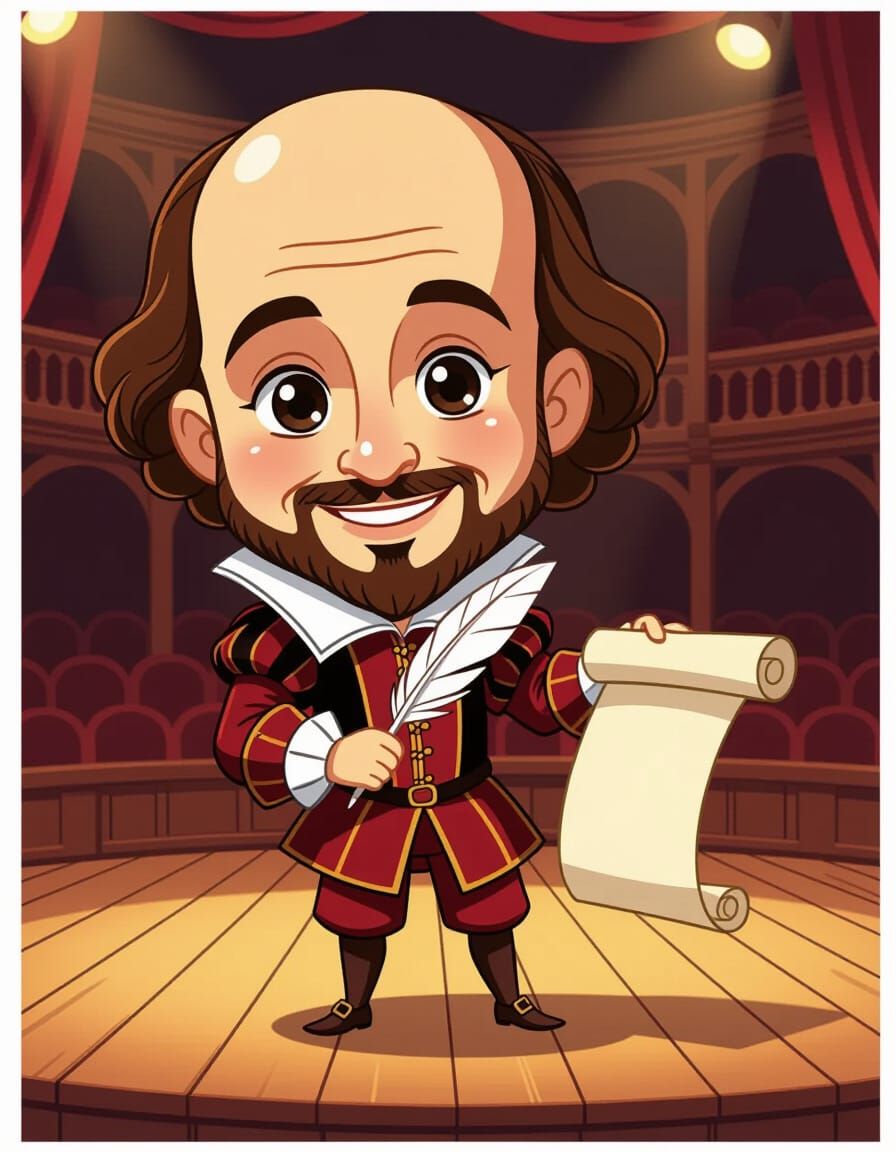 Chibi Shakespeare on Globe Stage in Anime Style