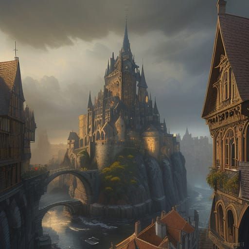 Medieval European Cityscape in Whimsical, Dreamlike Style