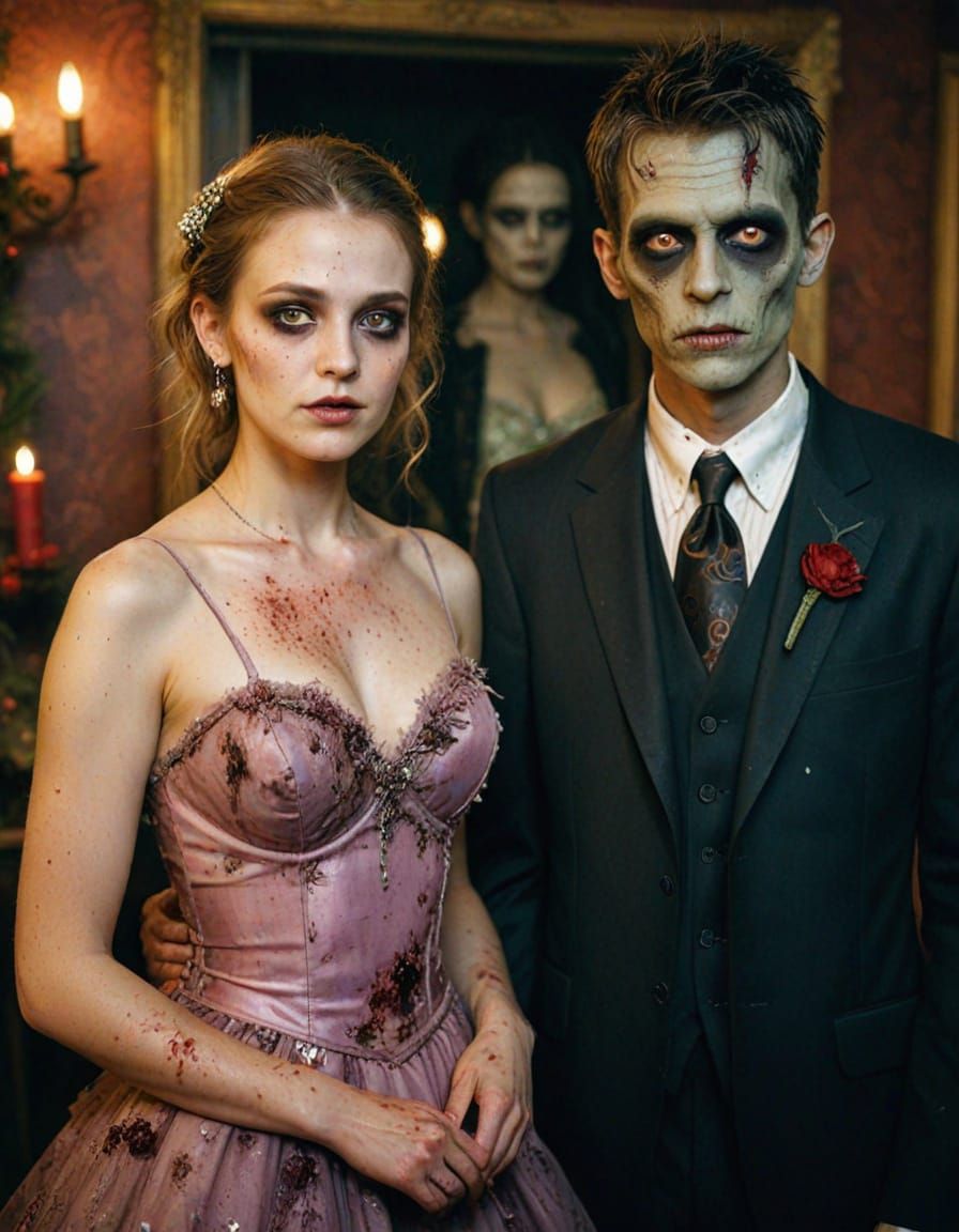 Zombie Couple Romantic Portrait at Festive Prom in Ektar Sty...