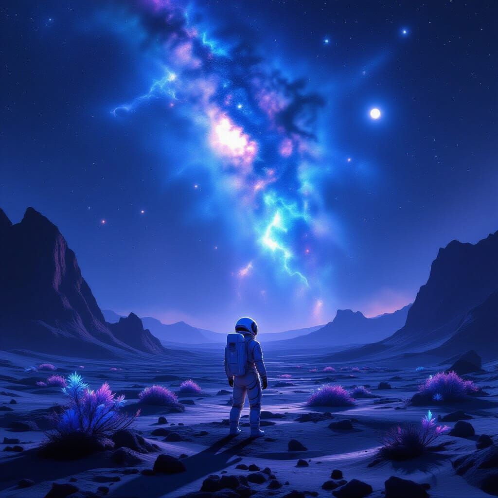 Astronaut Gazes at Crystalline Nebula on Alien World