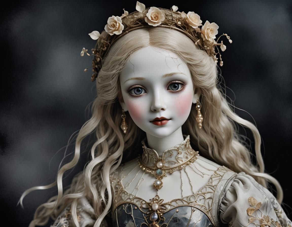Cracked Porcelain Doll in Art Nouveau Style